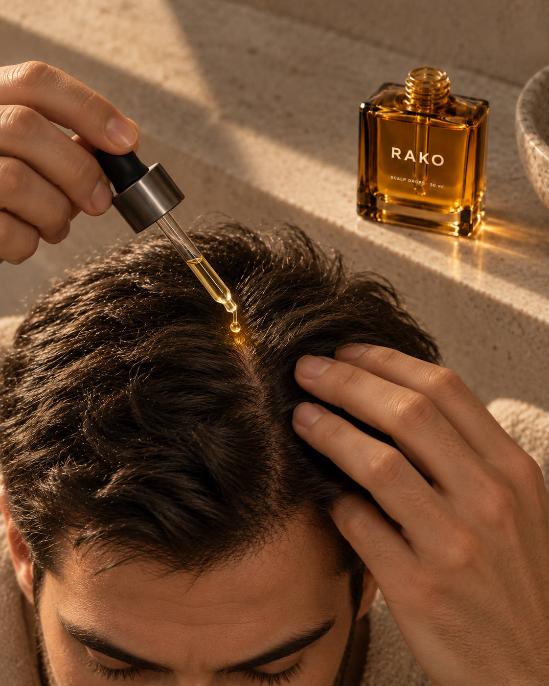 A man applying RAKO Scalp Drops to his scalp