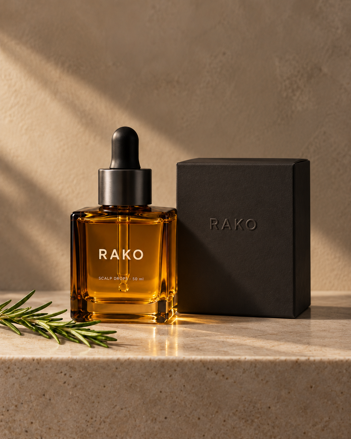 RAKO Scalp Drops amber glass bottle beside its embossed black box