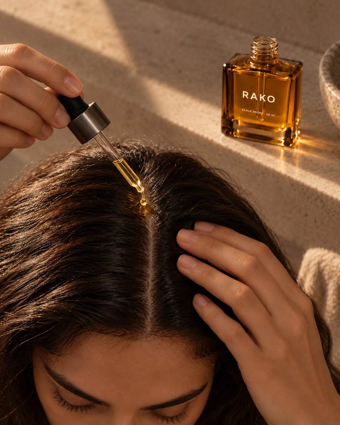 Applying RAKO Scalp Drops directly to the scalp with the glass dropper