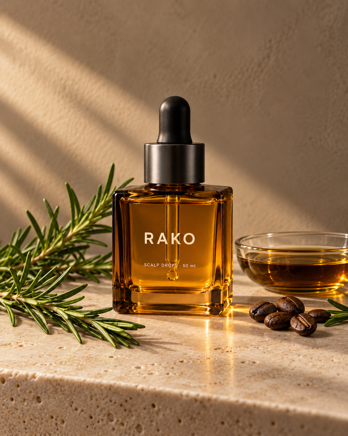RAKO Scalp Drops bottle with fresh rosemary sprigs and coffee beans on stone